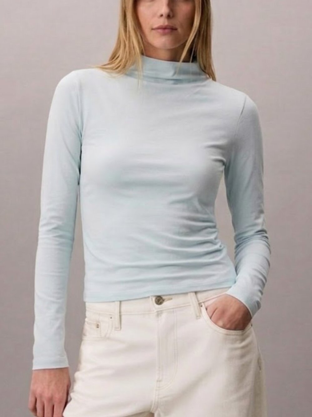 Calvin Klein Draped Jersey Pale Blue Mint Long Sleeve Top in size Medium